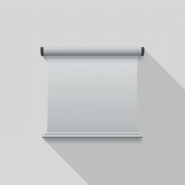 A blank white pull-down projector screen with a black rod at the top, against a light gray background, casting a long diagonal shadow to the right.