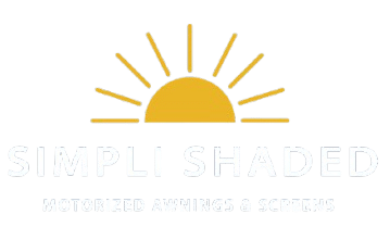 A yellow sun with rays above the words SIMPLI SHADED and the tagline MOTORIZED AWNINGS & SCREENS on a light background.