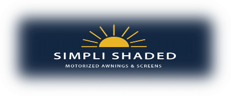 Simpli Shaded logo featuring a yellow sun and blue text for Charlotte's motorized awnings and screens.
